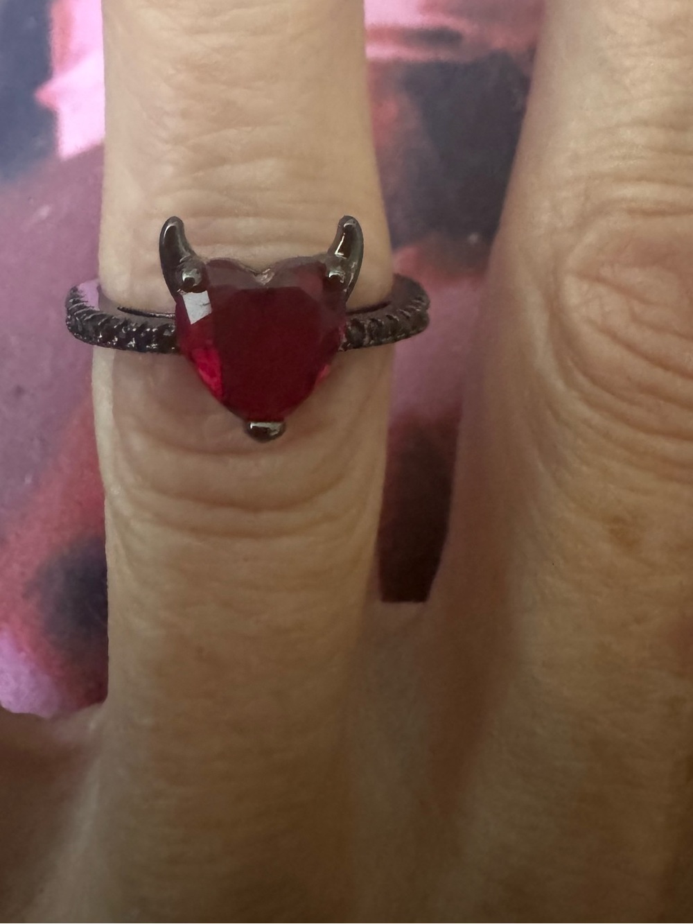 NWT Black with Red Heart Devil Horn Ring, Size 7